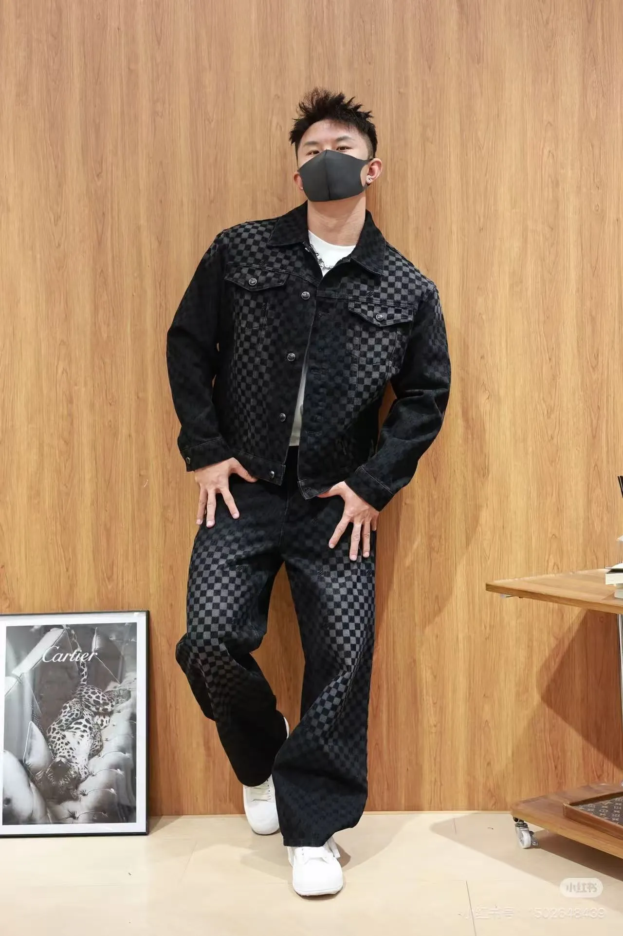 Louis Vuitton/Louis Vuitton mosaic flocking checkerboard patchwork jeans